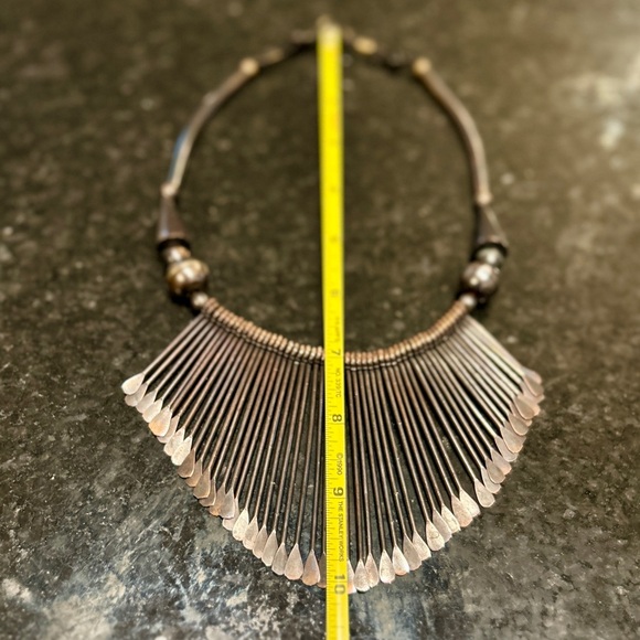 Vintage Mid-Century Modern MCM Boho Bohemian Art Deco Brass Leather Bib Necklace - Picture 8 of 8